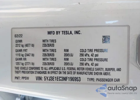 2022 Tesla Model 3 Performance Dual Motor All-Wheel Drive from USA, damaged, VIN 5YJ3E1EC3NF196953